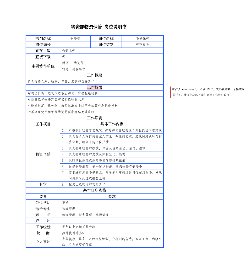 物资部门岗位说明书第15页