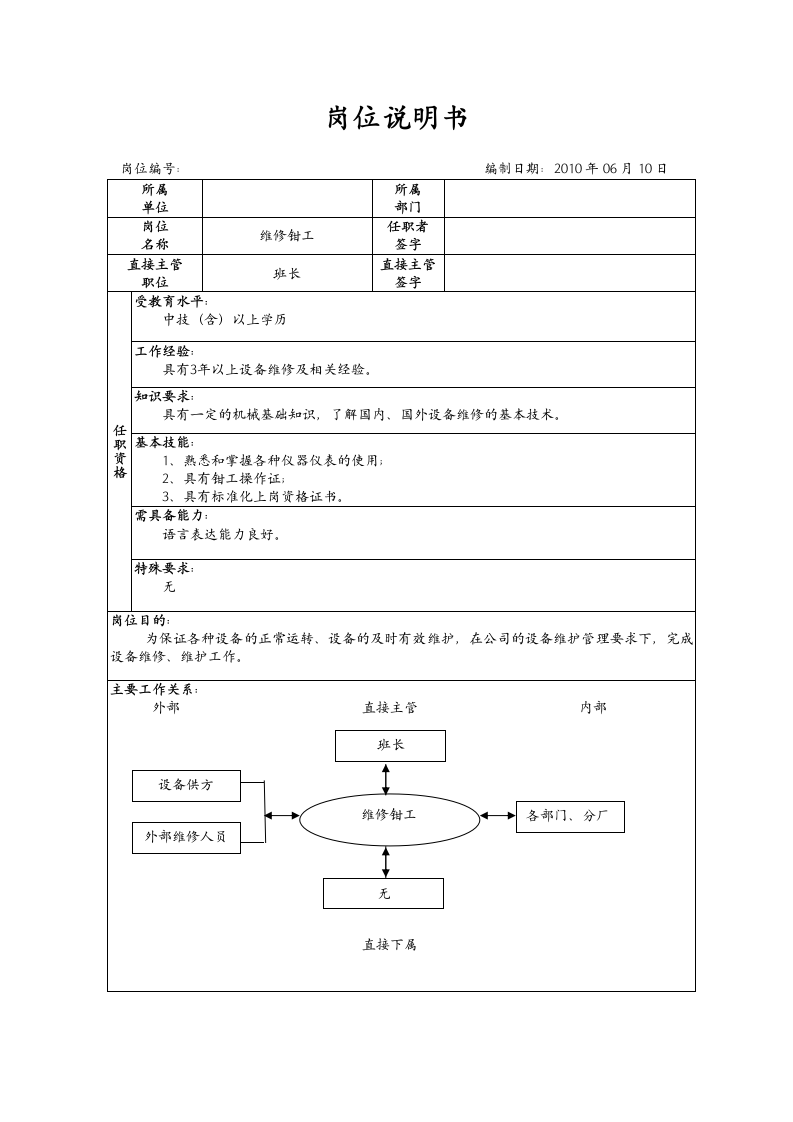 维修钳工岗位说明书第1页