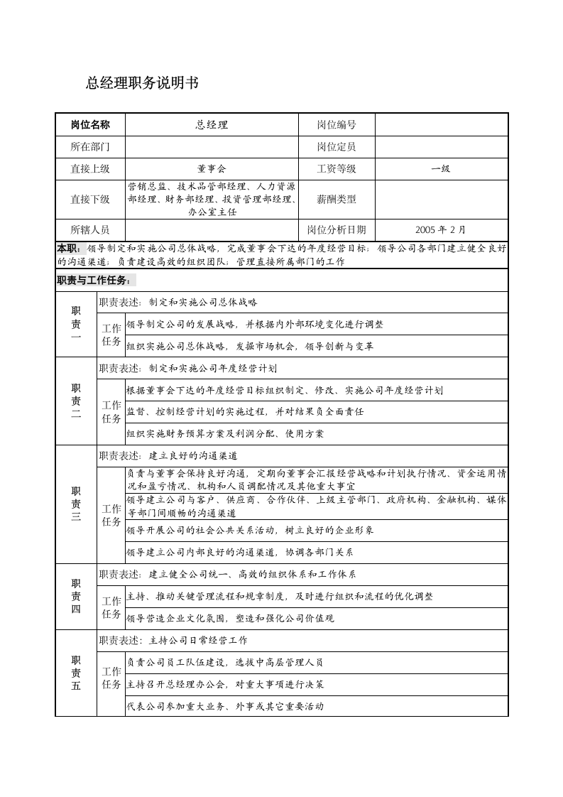 总经理岗位说明书第1页