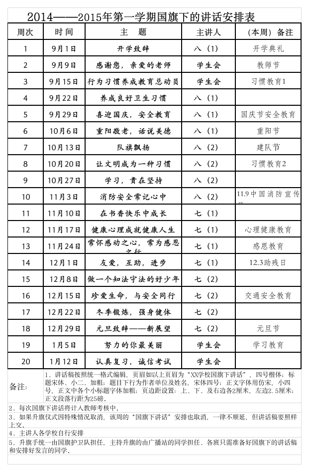 国旗下讲话安排表第1页