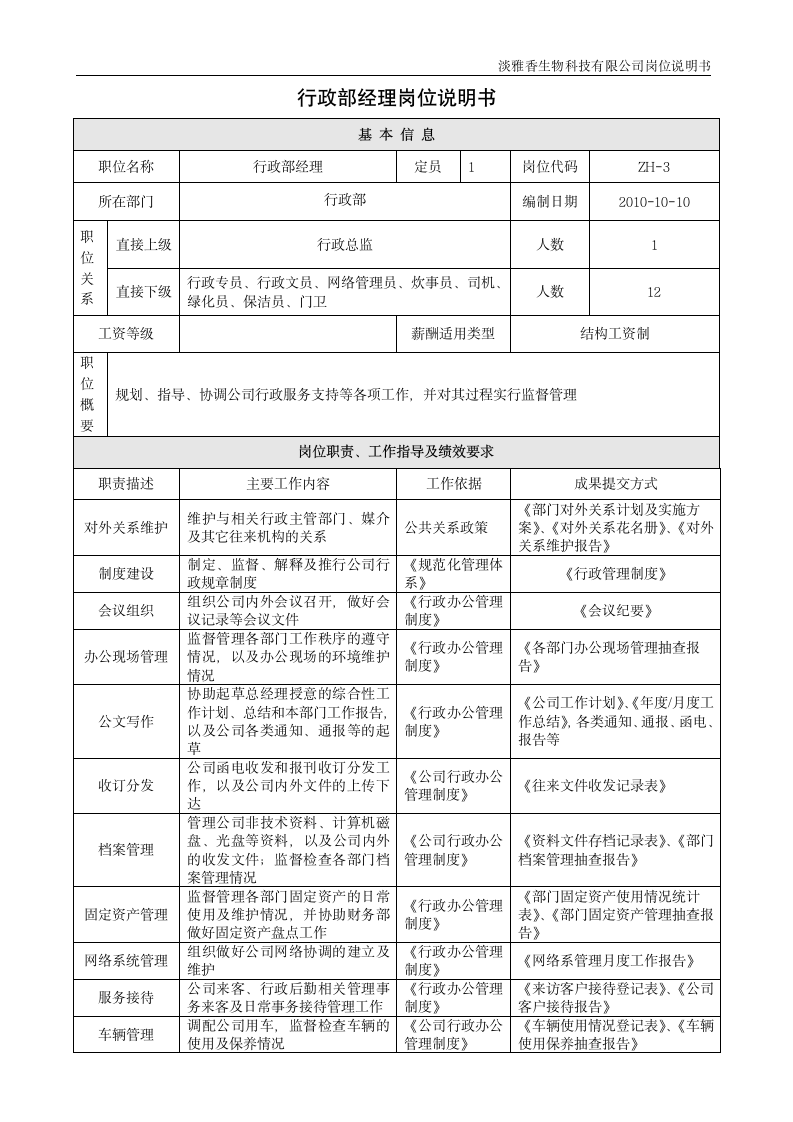 行政部经理岗位说明书第1页