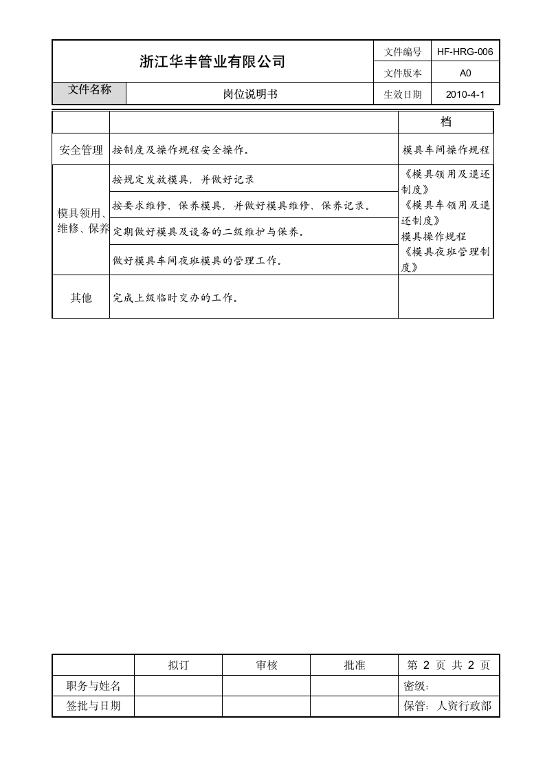 模具工岗位说明书第2页