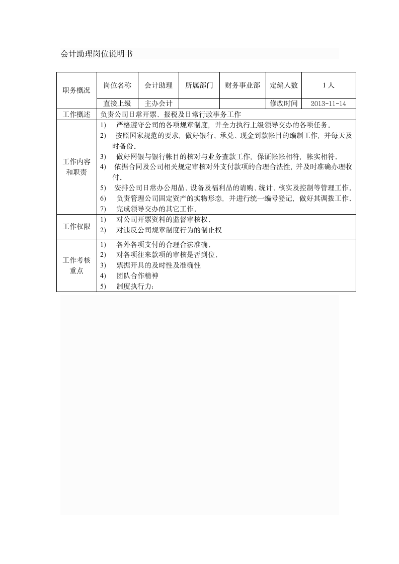 会计助理岗位说明书第1页