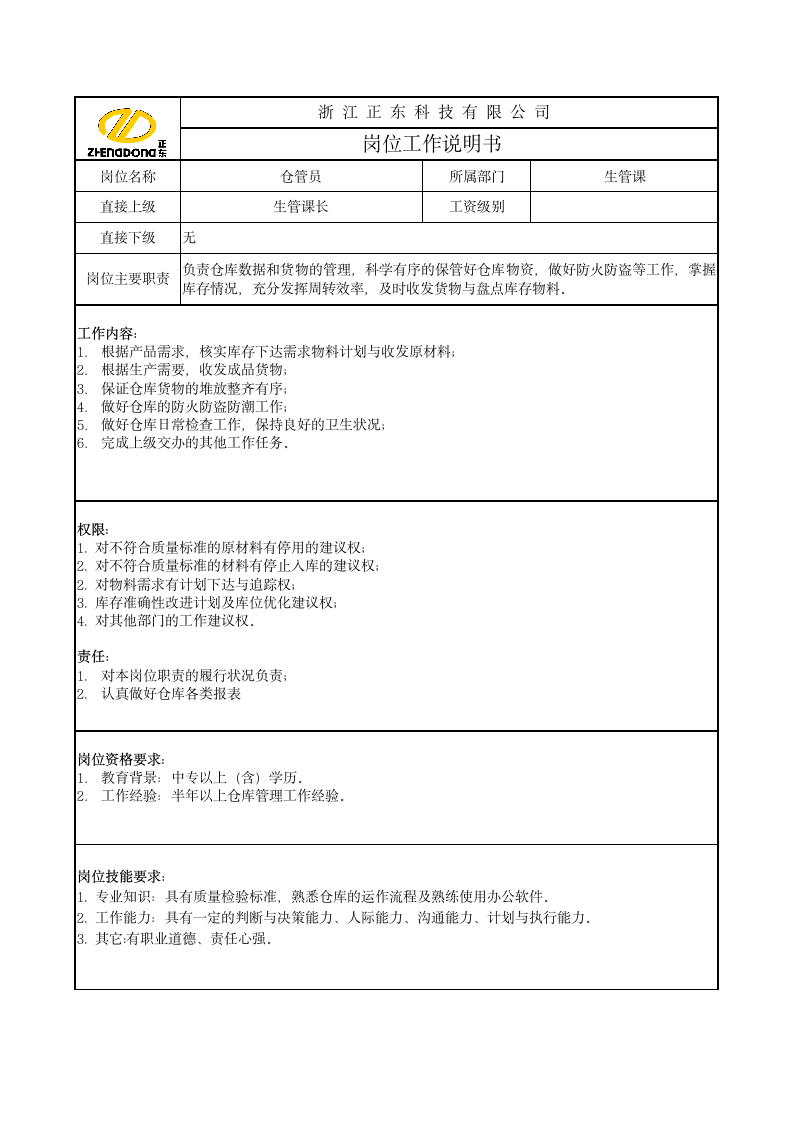 仓库岗位职责说明书第2页