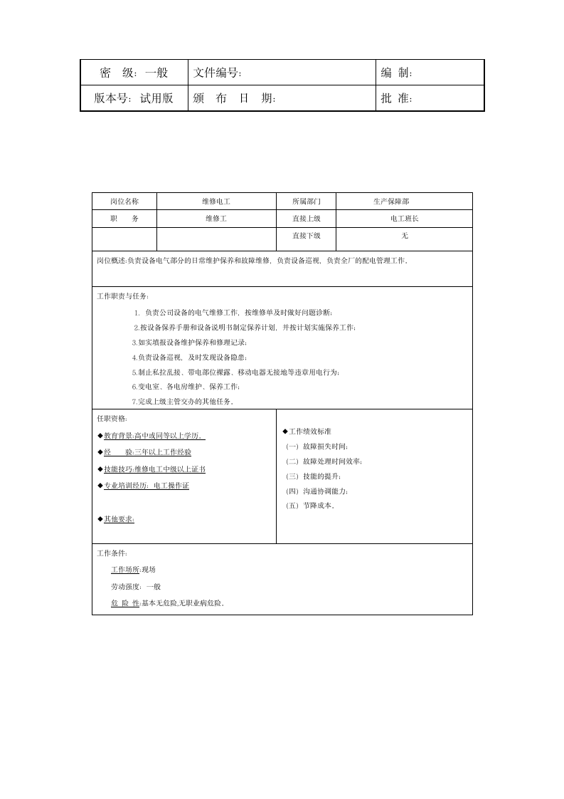 岗位说明书_维修电工