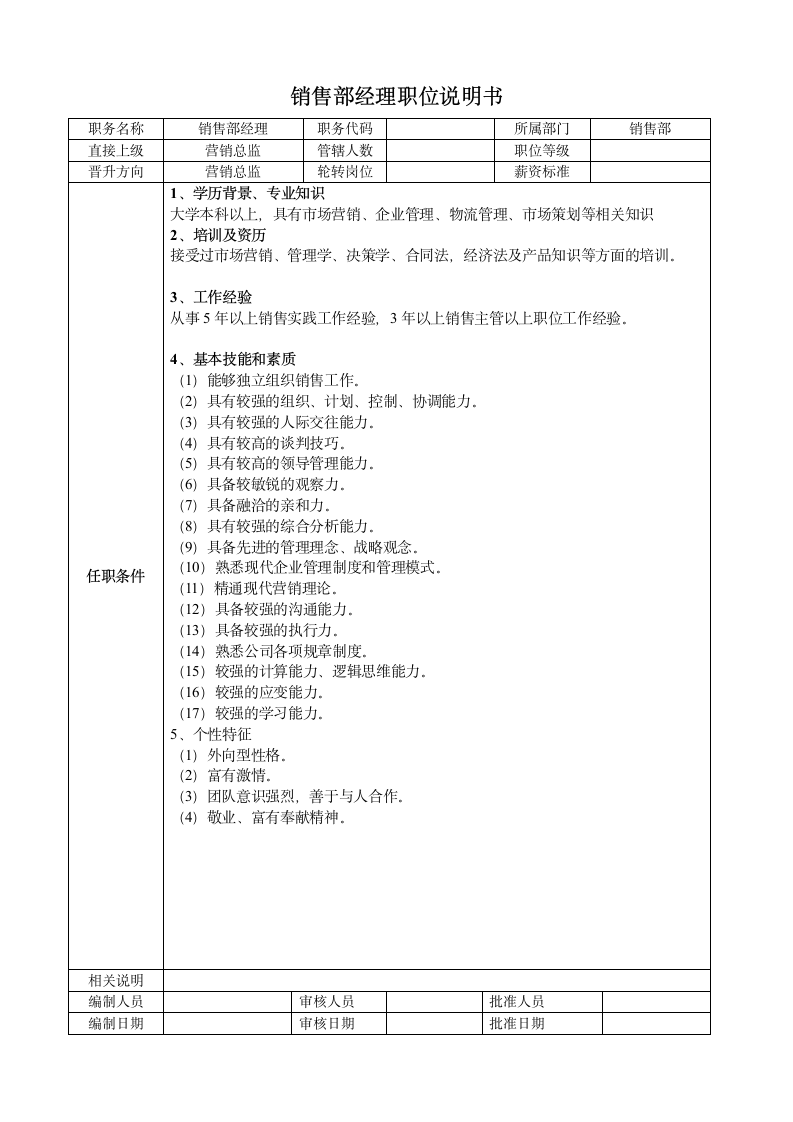 销售部经理岗位说明书第1页