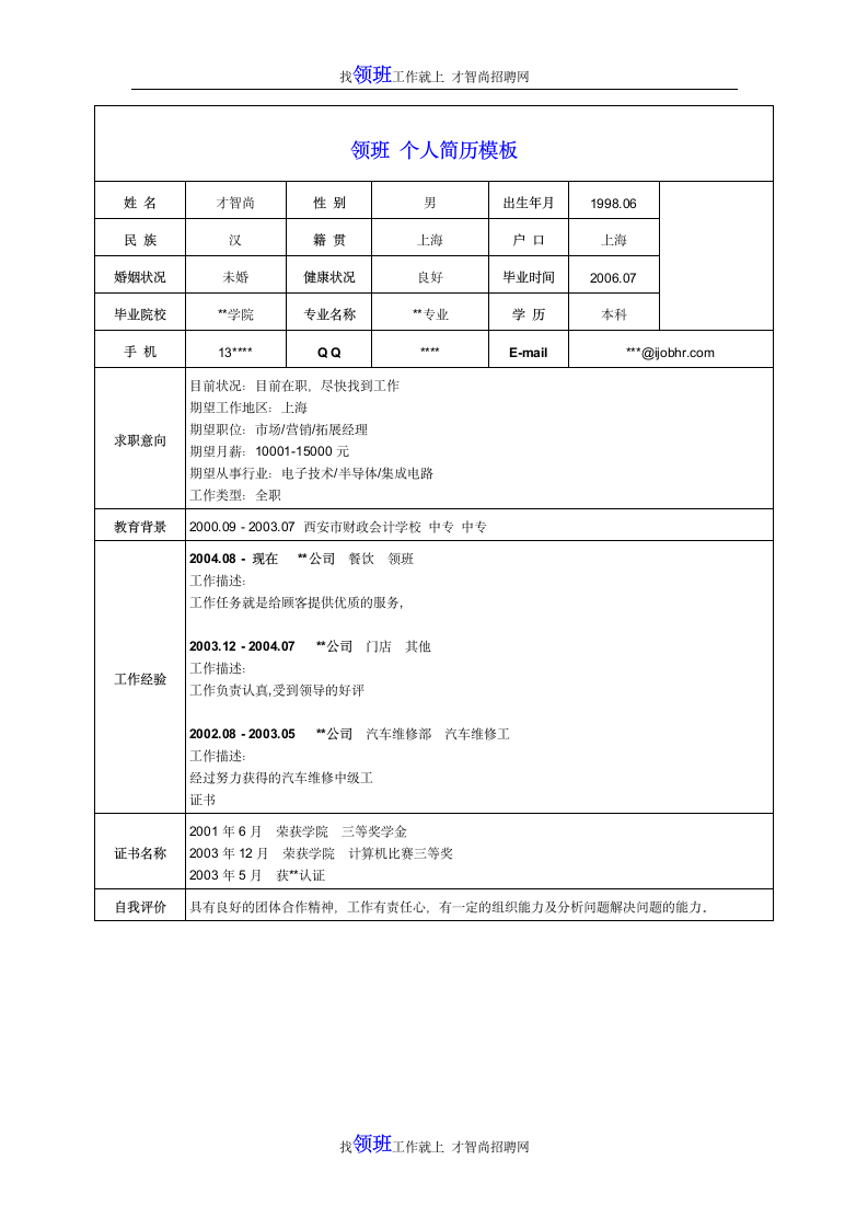 领班个人简历模板