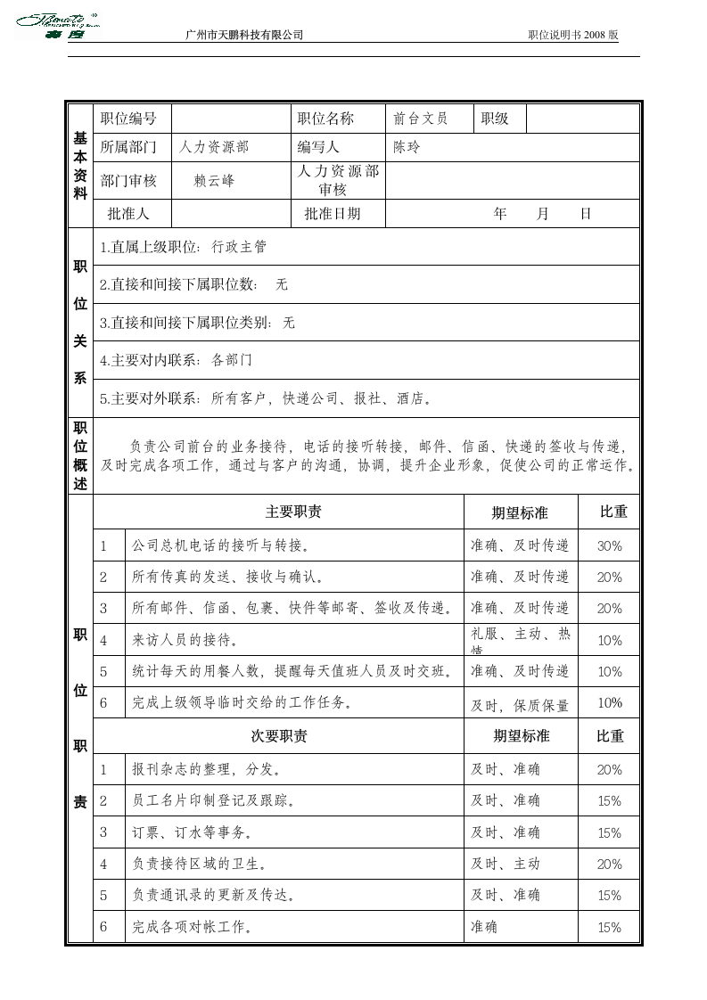 前台文员岗位说明书第1页