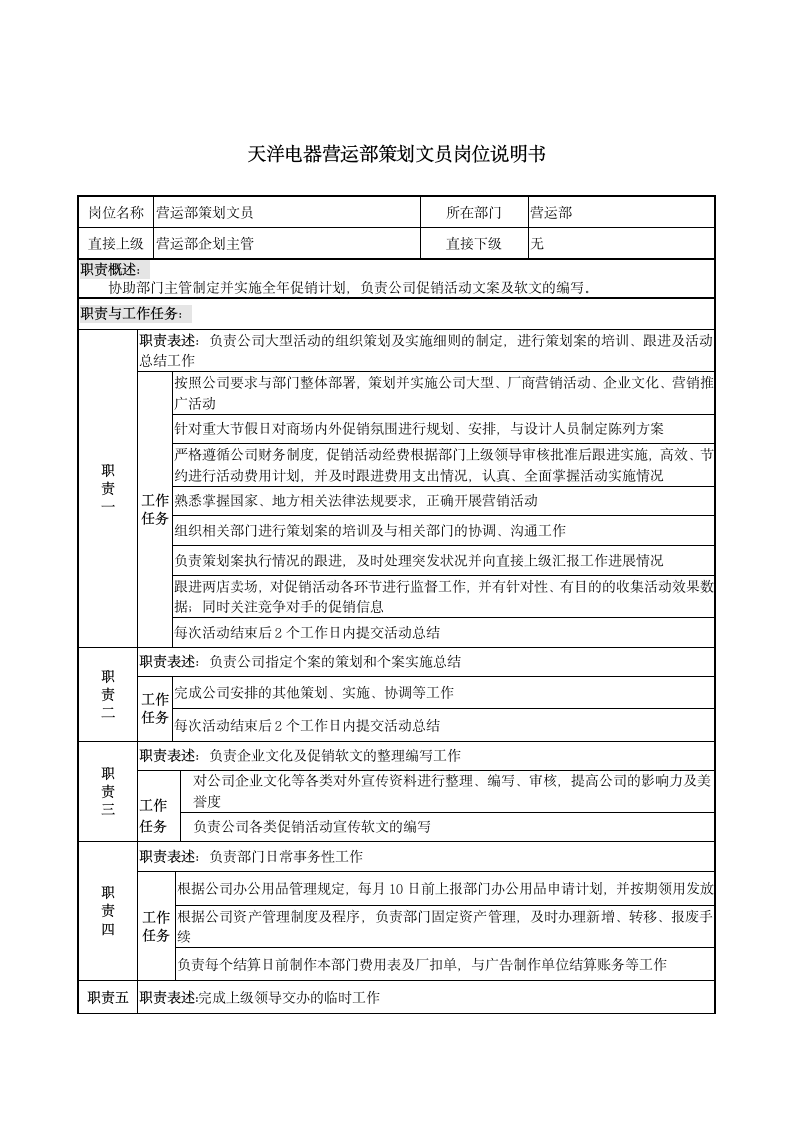 策划文员岗位说明书