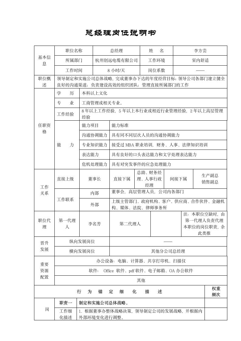 总经理岗位说明书第1页