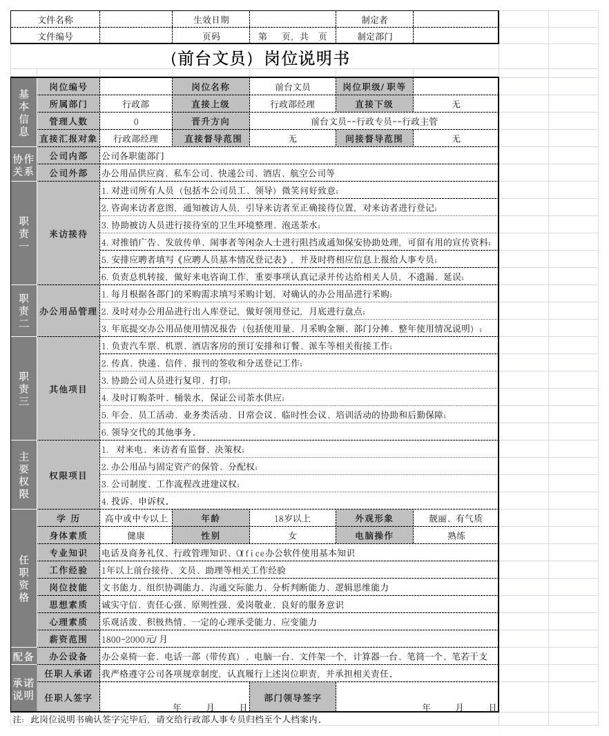 (前台文员)岗位说明书