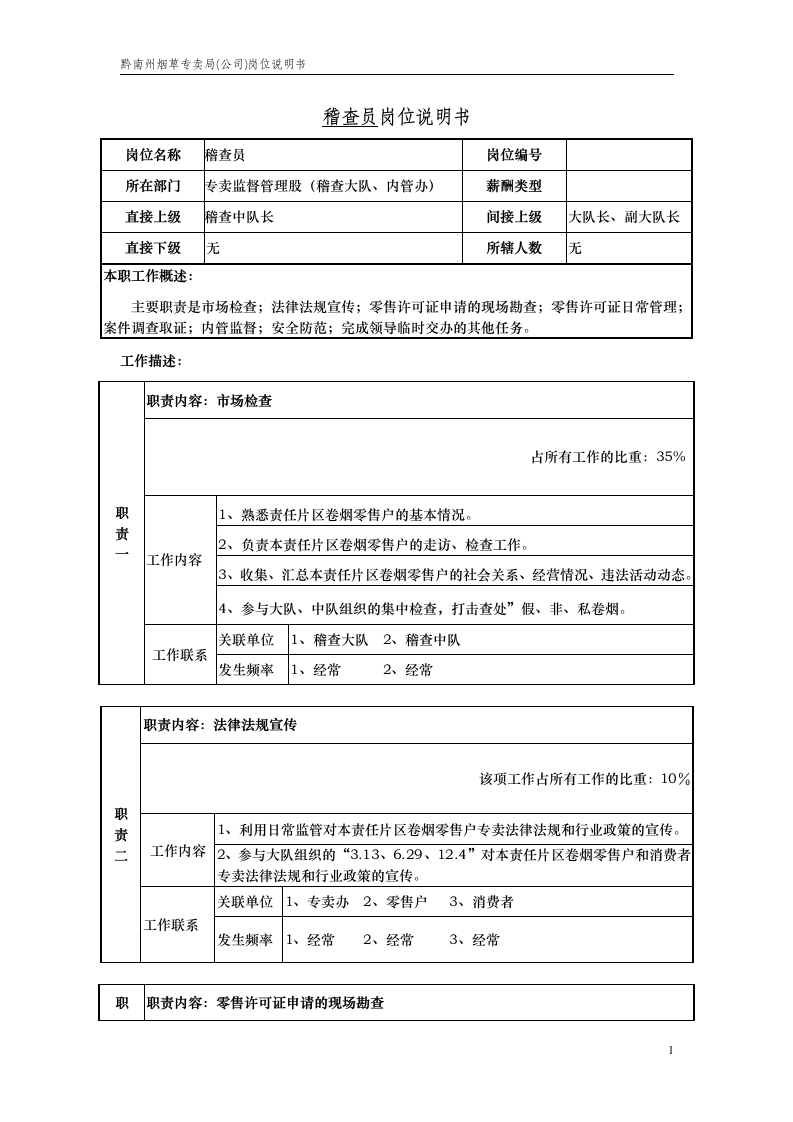 稽查员岗位说明书