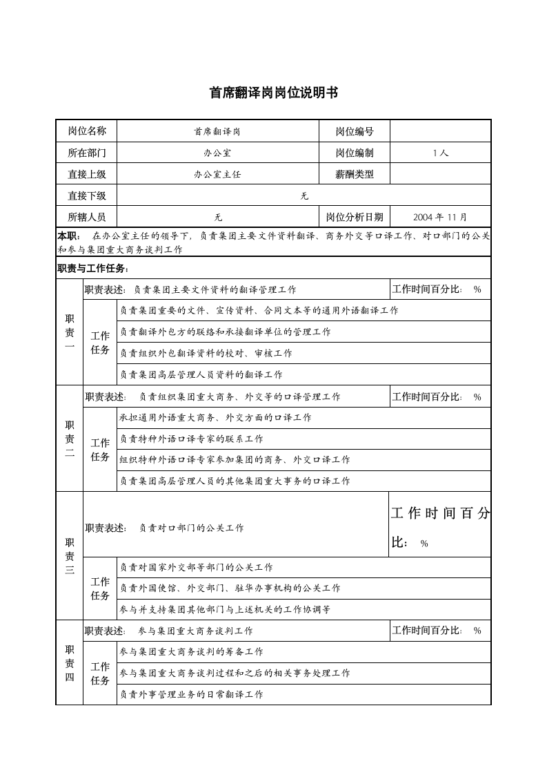 首席翻译岗岗位说明书第1页