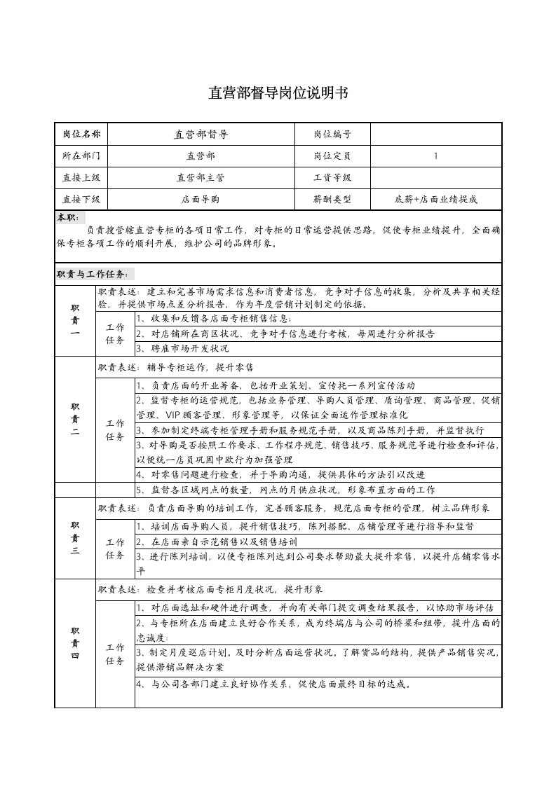 直营督导的岗位说明书