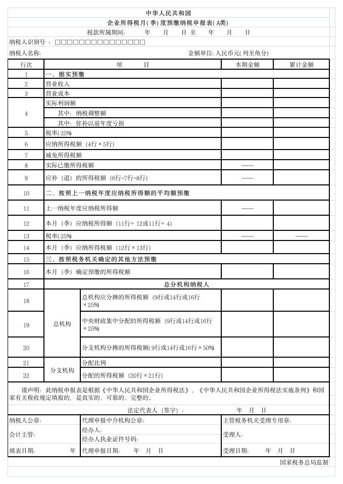 企业所得税季度报表