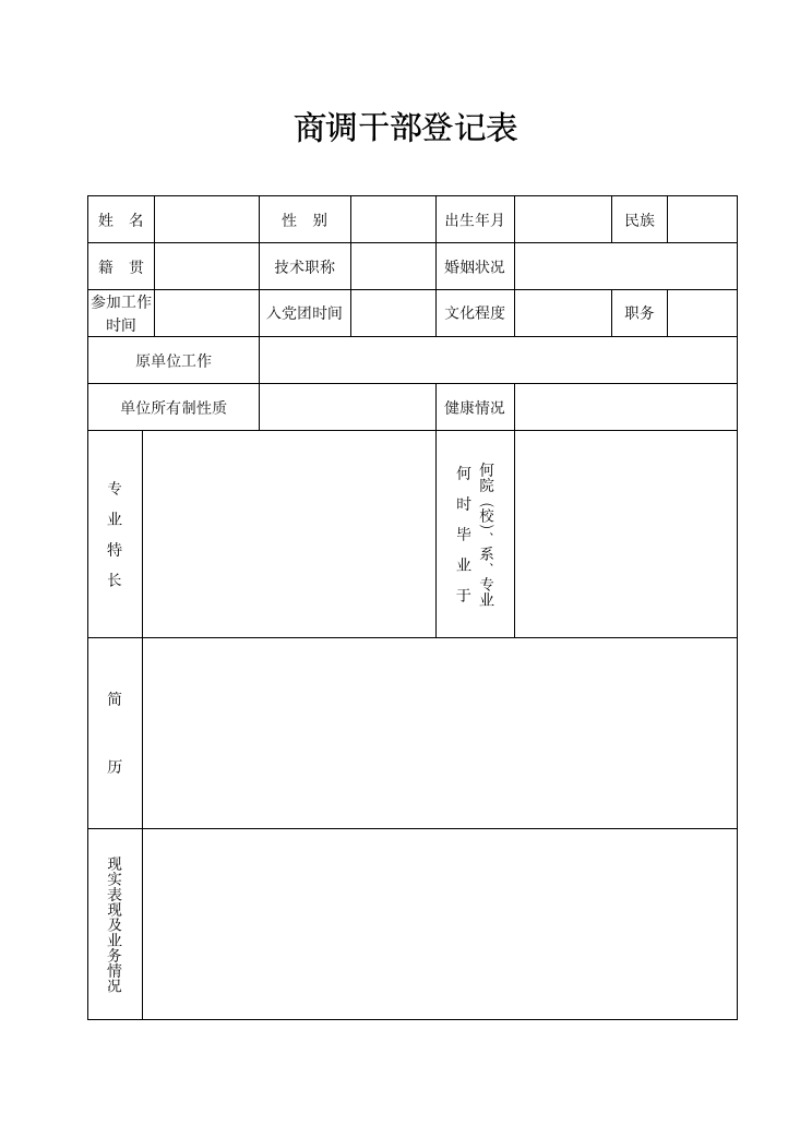 《商调干部登记表》第1页