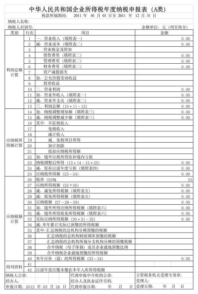 企业所得税年度申报表(所得税汇算清缴)