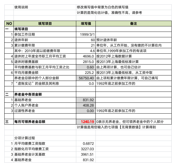 上海市城镇企业职工退休养老金计算模板-2013年