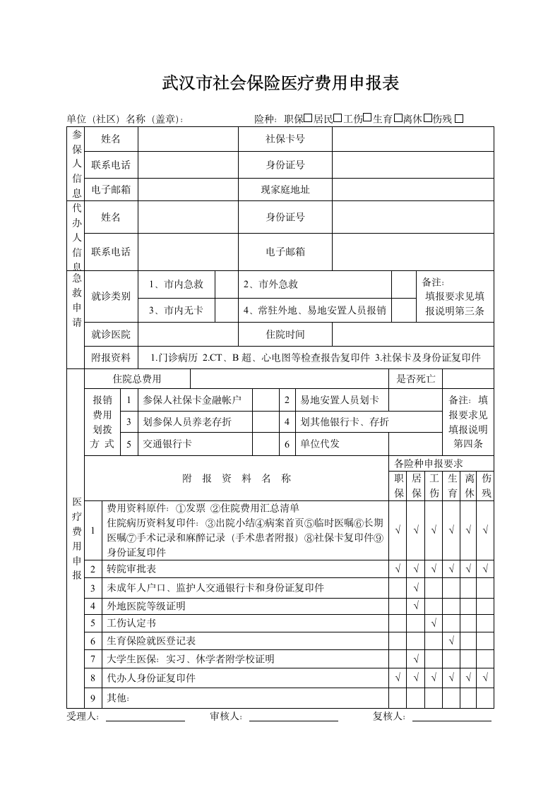 武汉市社会保险医疗费用申报表第1页