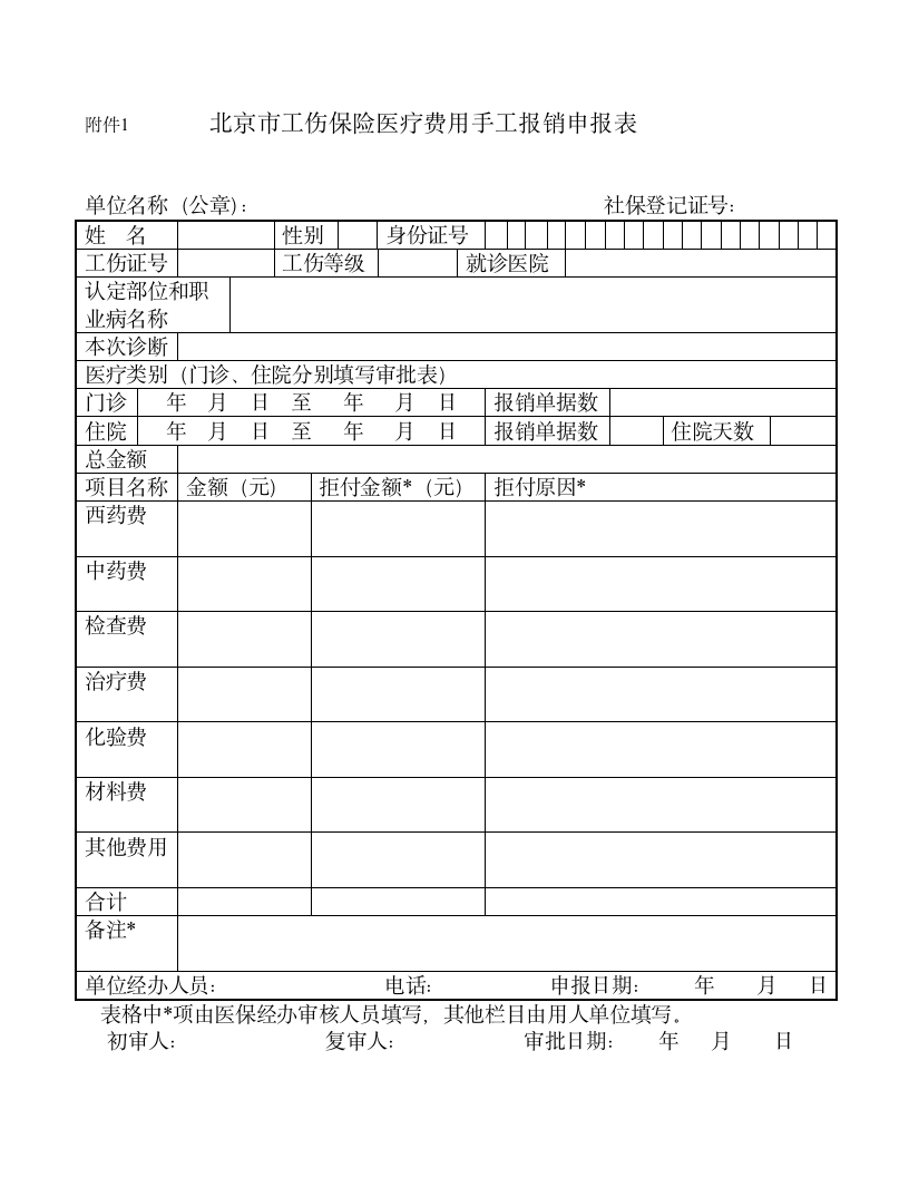 工伤保险医疗费用申报表