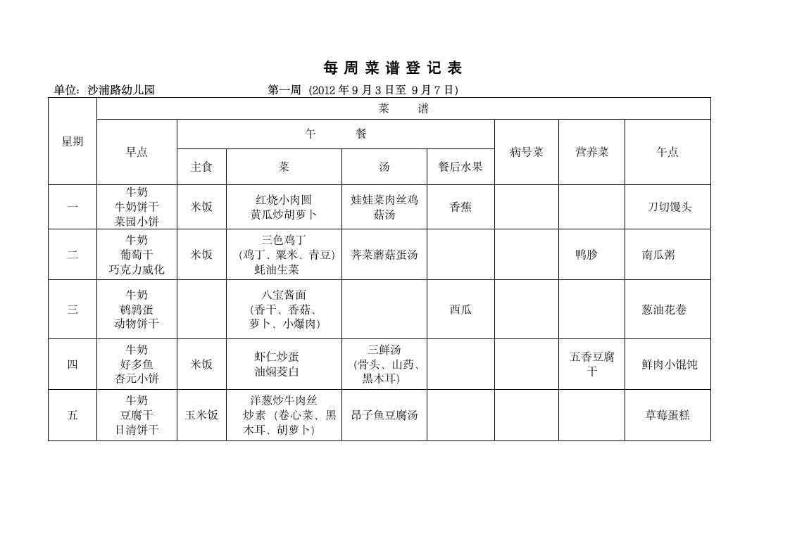 每周菜谱登记表