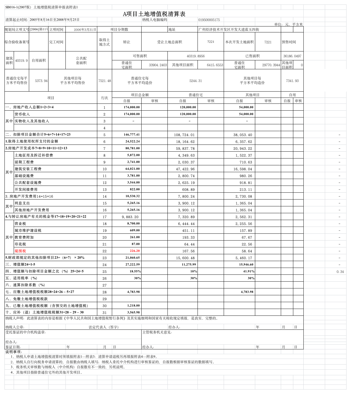 土地增值税申报表