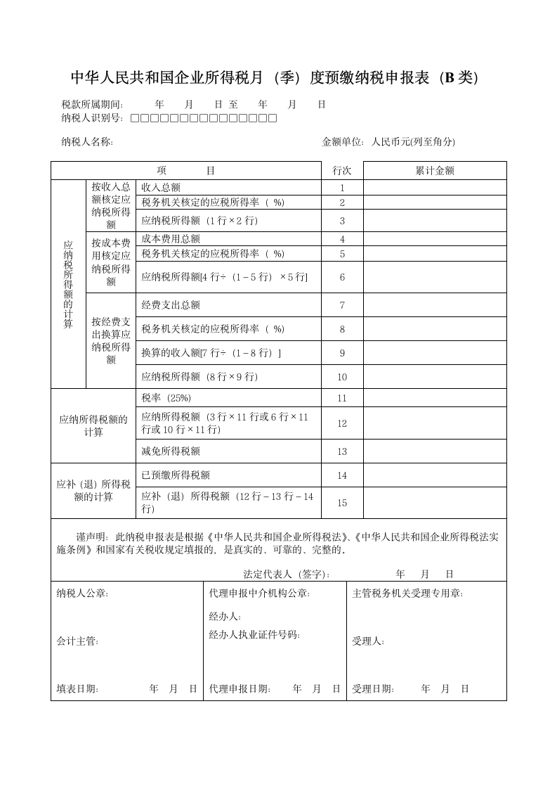 企业所得税申报表(B类)核定