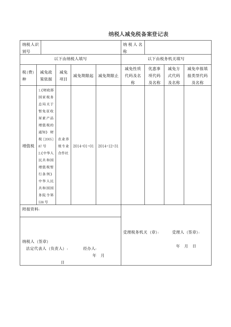 农业增值税减免备案表