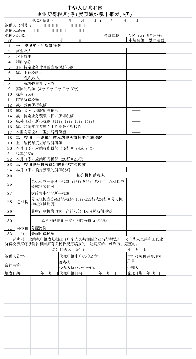 企业所得税预缴申报表(A类)-地税第1页