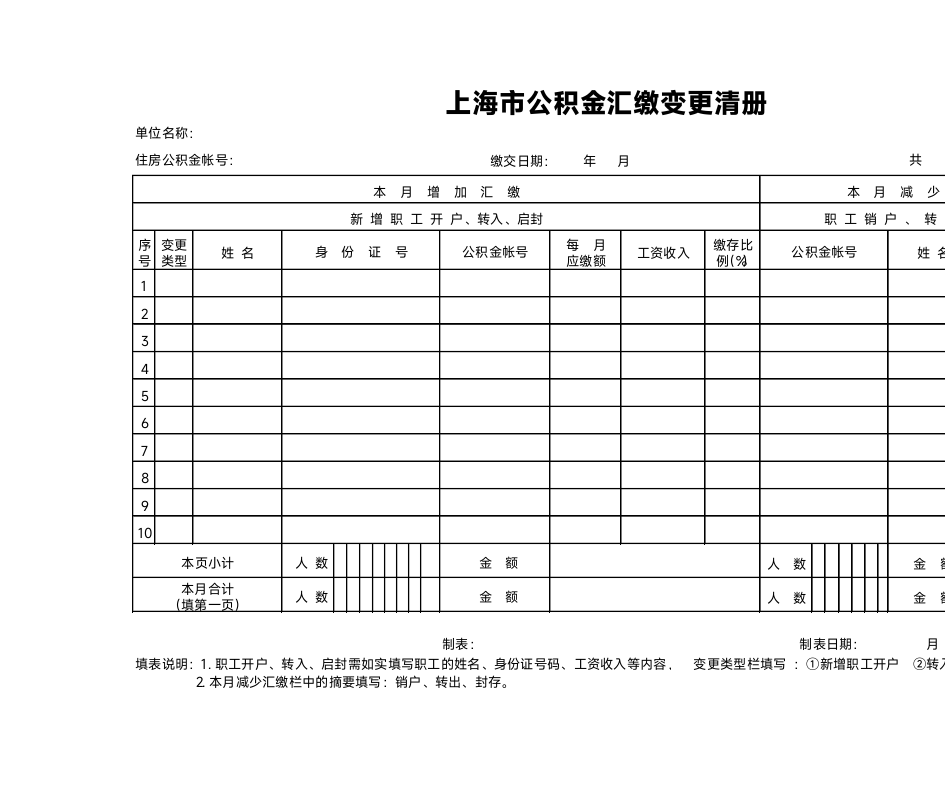 上海市公积金汇缴变更清单