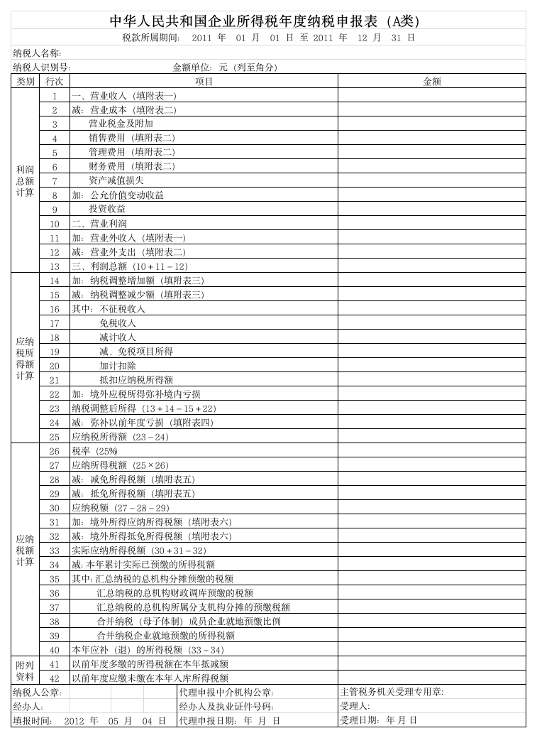 所得税汇算清缴A表