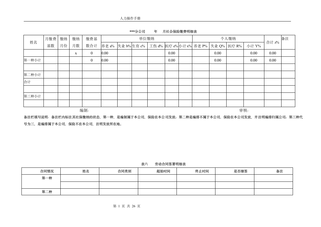 分公司     年   月社会保险缴费明细表第1页