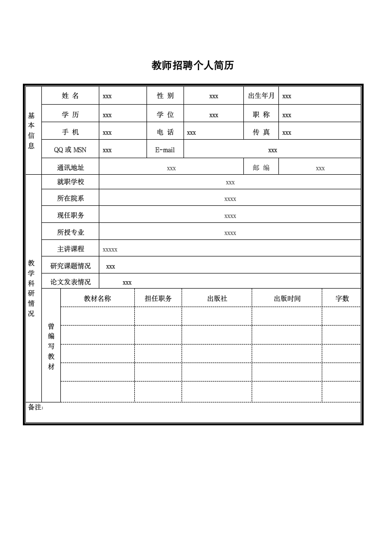 教师个人简历模板第1页