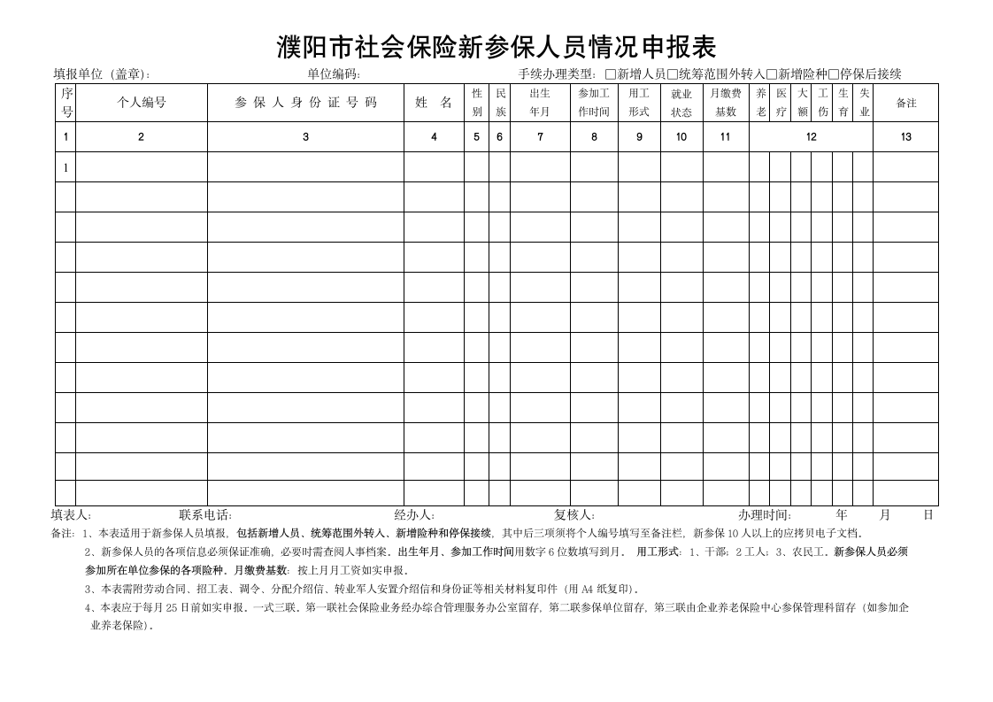 濮阳市社会保险新参保人员情况申报表第1页