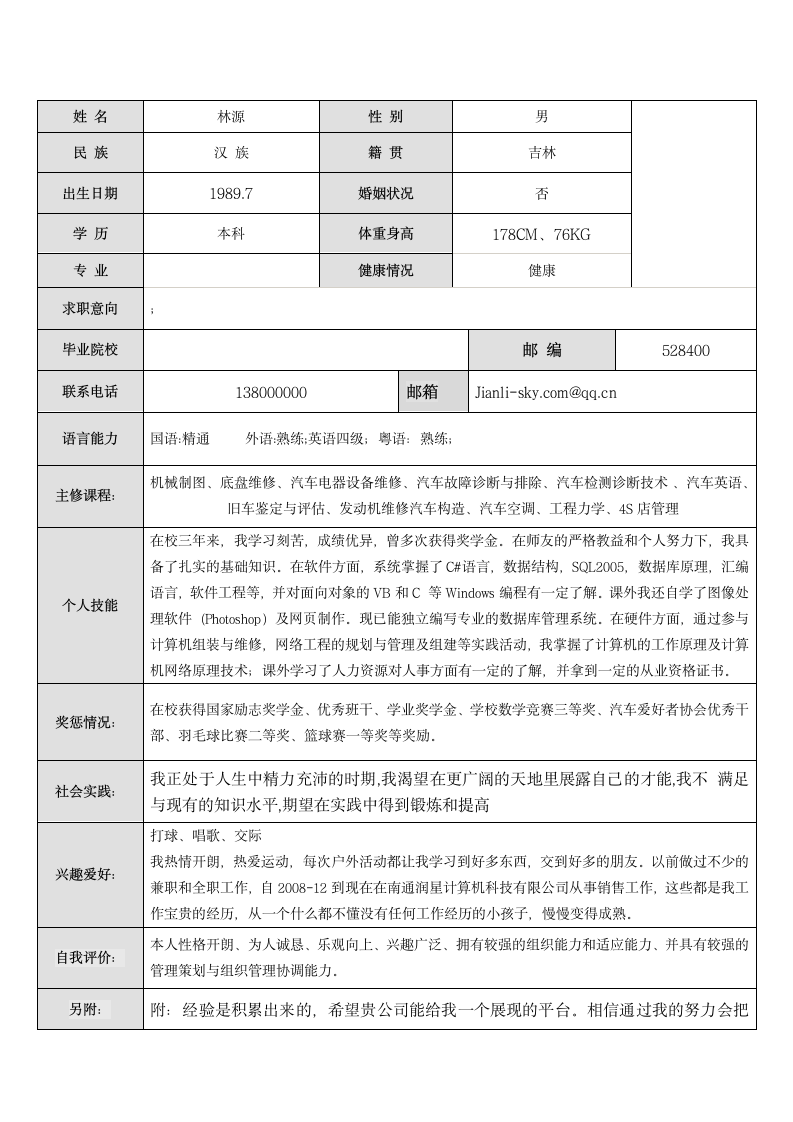 个人简历表格模板第2页