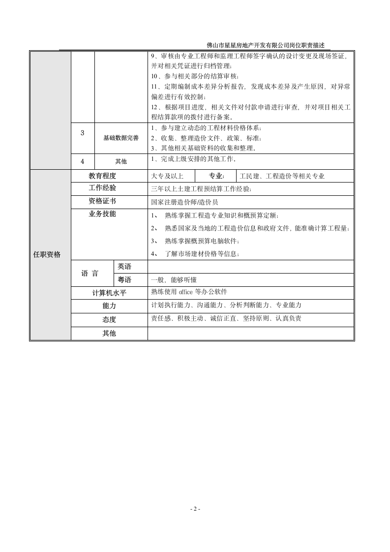 岗位说明书——土建预算工程师第2页