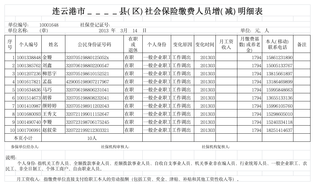 社会保险缴费人员增(减)明细表