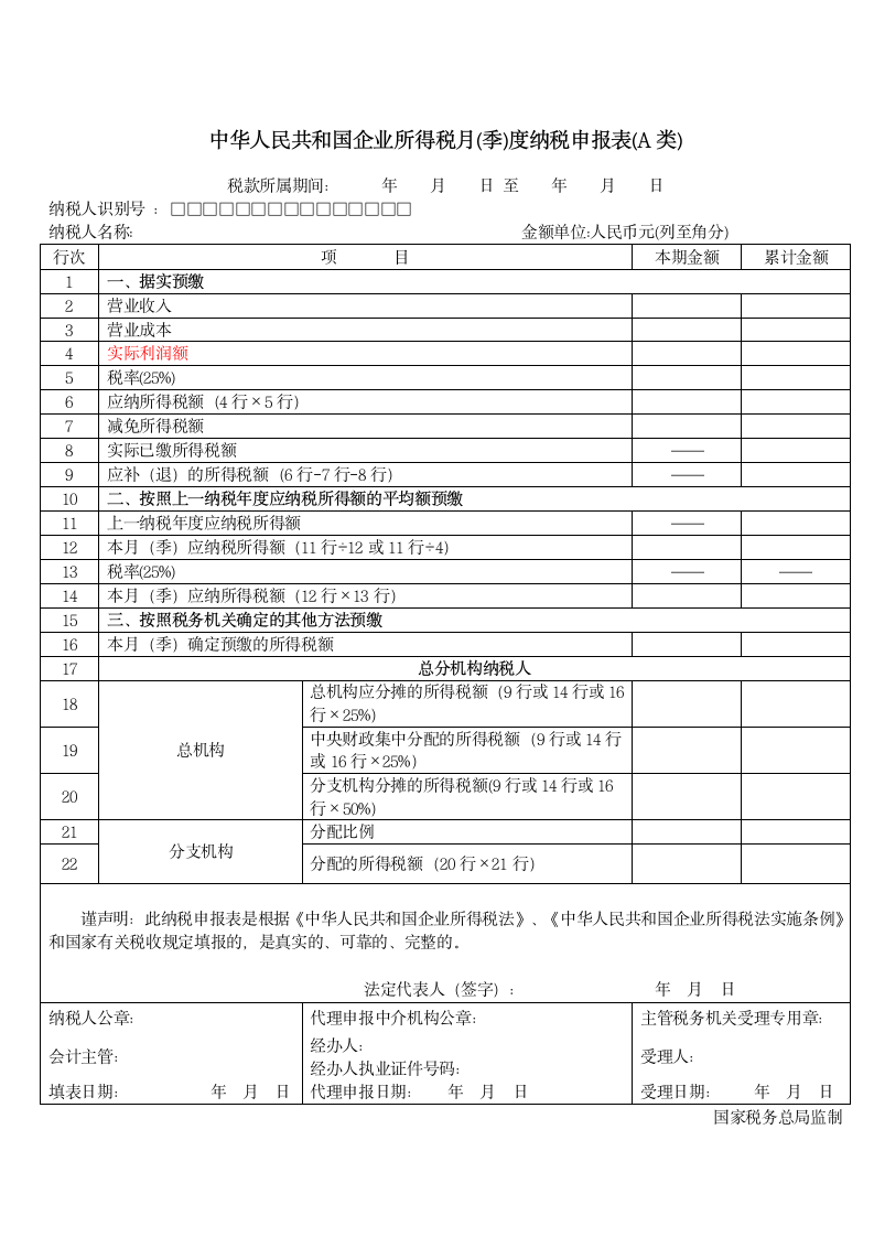 企业所得税申报表A第1页