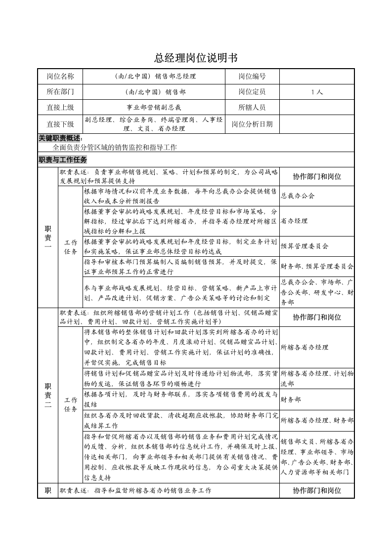 总经理岗位说明书第1页