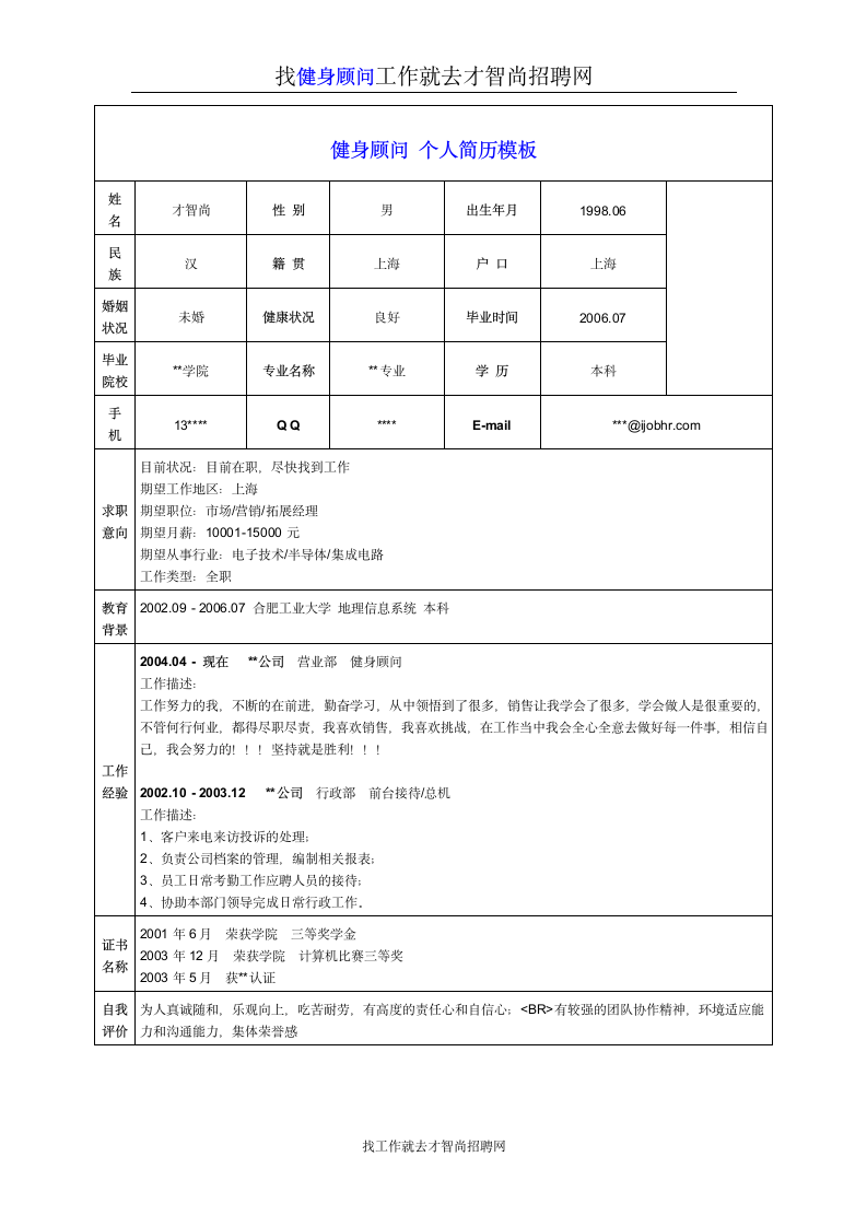 健身顾问个人简历模板