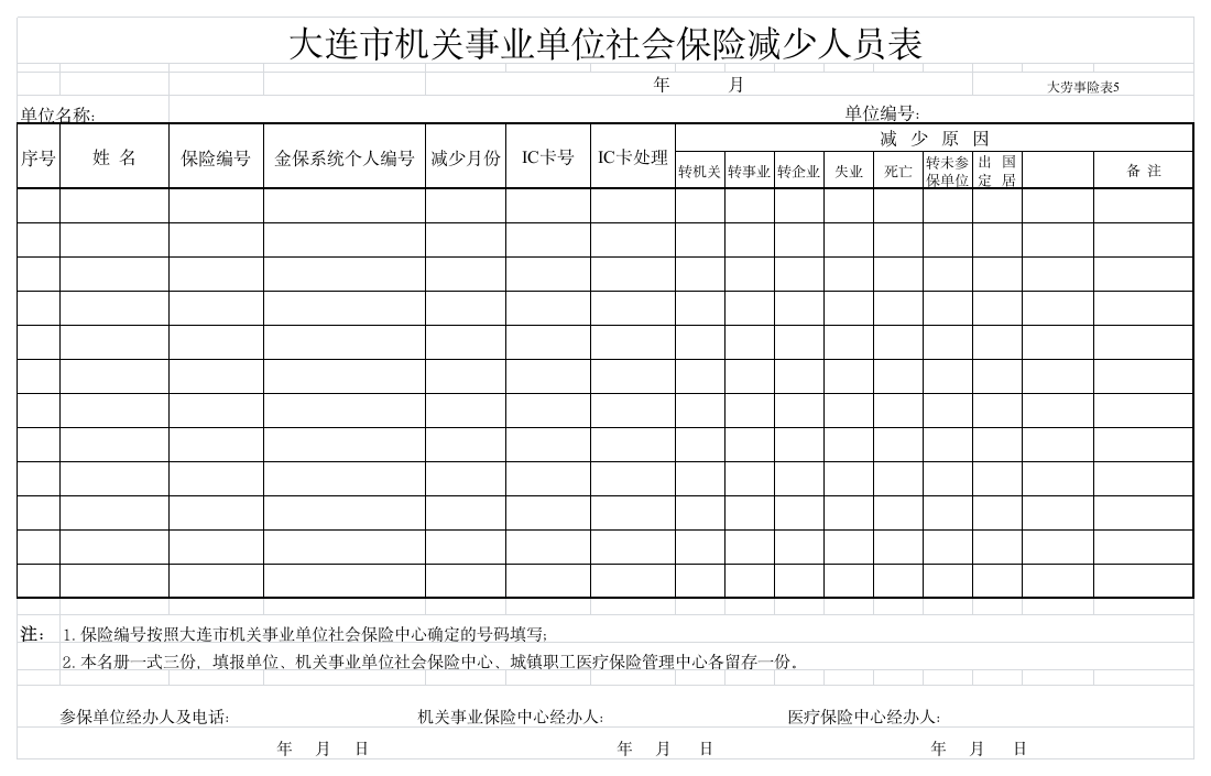 大连市机关事业单位社会保险减少人员表第1页