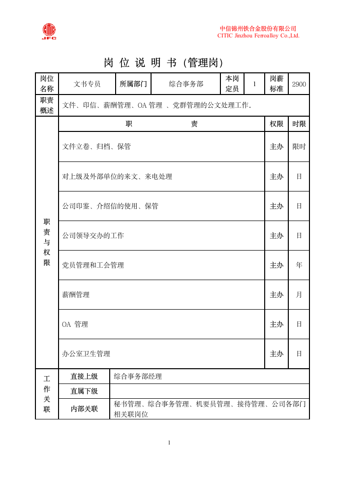 文书岗位说明书第1页