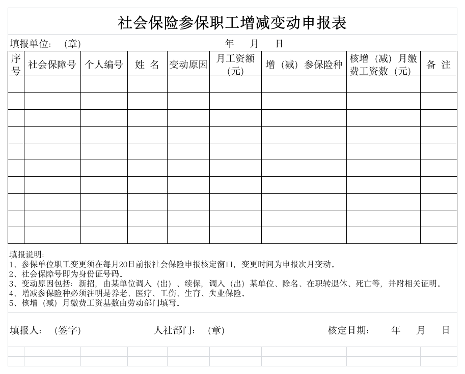 社会保险参保职工增减变动申报表