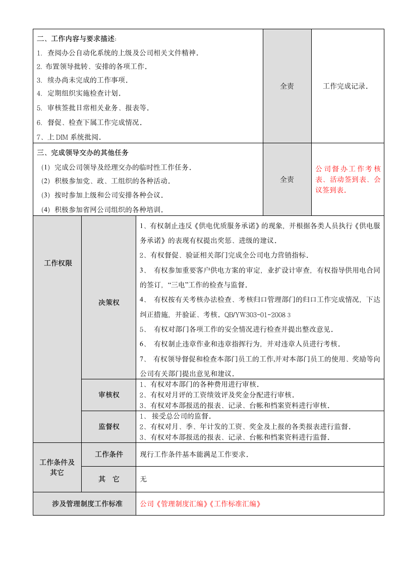 XX电力公司营销部岗位说明书第4页