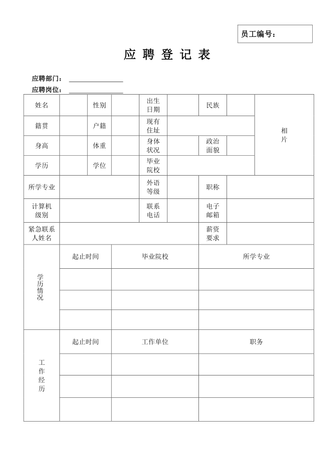 员工应聘登记表、试用登记表