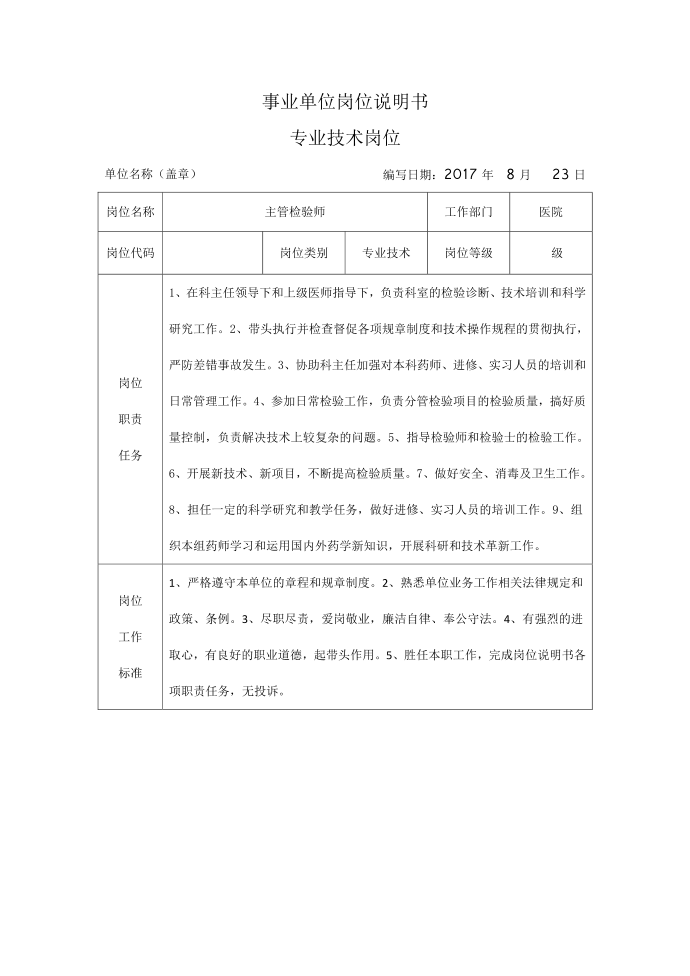 主管检验师 岗位说明书,岗位说明书,岗位设置第1页