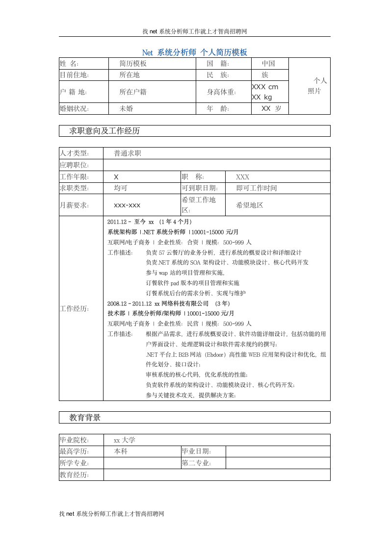 net系统分析师 个人简历模板第1页