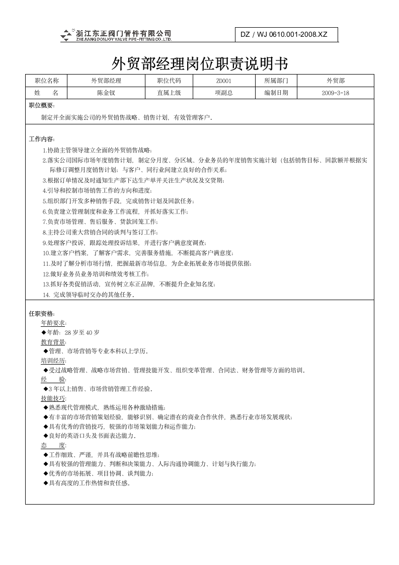 公司各部门岗位职责说明书