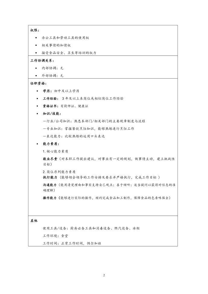 厨师岗位说明书第2页