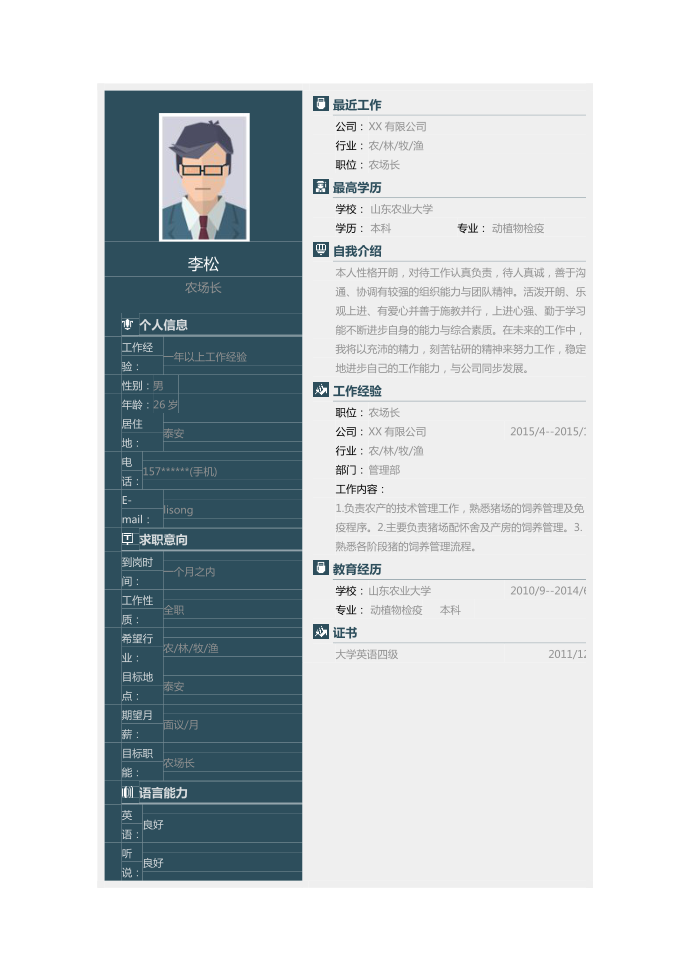 【简历模板】农场长求职简历模板第1页